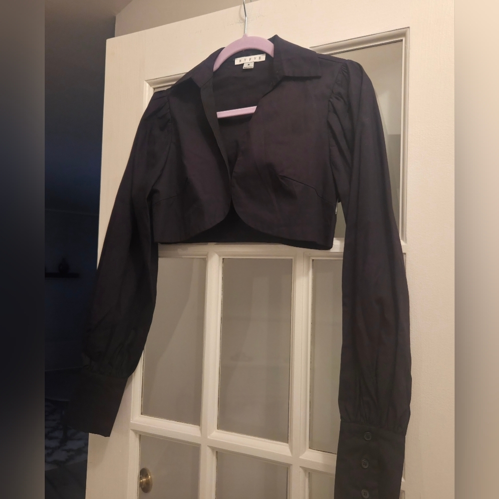 HYFVE Elegant Black Bolero Crop Top With Pleated Shoulders